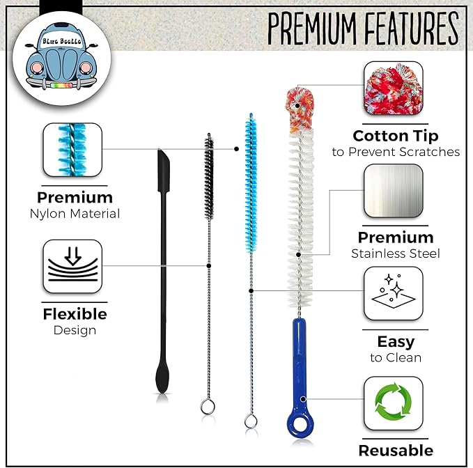 Blue Beetle Brushes | Multi-Use Glass Cleaner Kit - 5-Piece Brush & Scraper Set for Glass, Ceramic and Glass Pipe Cleaner