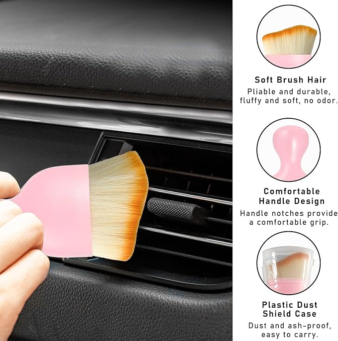 Car Interior Dust Brush, Soft Scratch Free Auto Detailing Brushes, Universal Vehicle Interior Cleaning Tool for Automotive Dashboard, Air Vents, Leather(Pink)