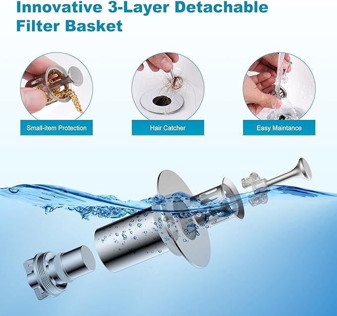 Universal Bathroom Sink Drain Strainer Hair Catcher Upgraded with Visible Top Stainless Basket, 3 in 1 Pop Up Sink Stopper for 1.1''~2.36'' Sink Basin Hole, Chrome