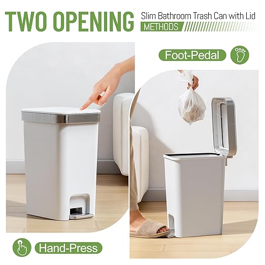 Slim Bathroom Trash Can With Lid, 2.6 Gallon /10 Liter Small Wastebasket, Press Top Bin & Step Metal Pedal Trash Bin, Mini Plastic Garbage Cans for Bedroom, Office, Kitchen, Dorm (grayish-white)