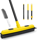 Rubber Broom with Squeegee, Pet Hair Removal 52.8 inches Long Handle, Push Fur Remover Tool with Portable Detailing Lint Brush for Fluff Carpet, Window, Tile, Hardwood Floor Cleaning (Yellow)