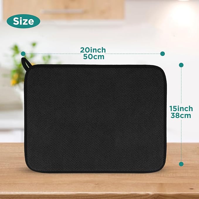 Microfiber Dish Drying Mat, Super Absorbent Kitchen Dish Drying Pad, Reversible for Countertop, 15*20 inch Black