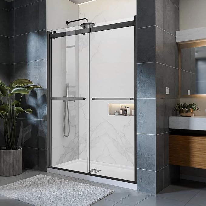 Sliding Shower Door, 44-48" W x 76" H Semi-Frameless Double Sliding Glass Shower Door with 5/16'' (8mm) Clear ASNI SGCC Tempered Glass, Bypass Shower Enclosure, Matte Black