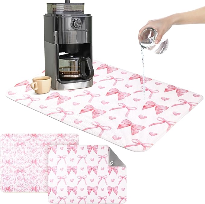 2 Pcs Large Coquette Pink Bow Dish Drying Mat Large for Kitchen, 18 X 24 Inch Bow Absorbent Microfiber Coffee Bar Pad for Women Counter Kitchen Home Accessories Party Gifts