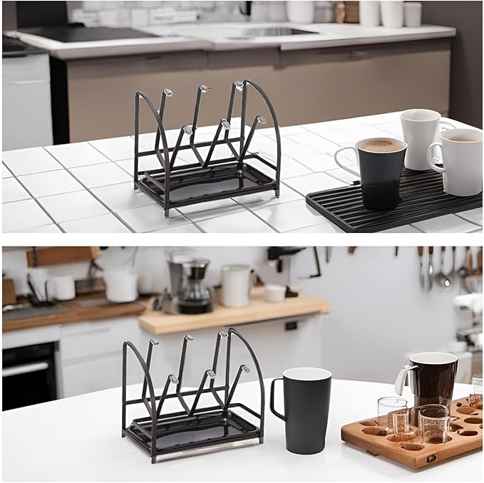 RHBLME 2 Packs Glass Drying Rack, Vertical Bottle Drying Rack Glass Bottle Holder with Drain Tray, Silicone Protective Hooks, Carbon Steel Non Slip Cup Mug Organizer for Glass Coffee Mug Countertop