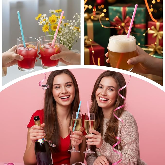 2 Set Travel Straws Reusable with Case, Portable Straw for Hot & Cold Drinks, Foldable Silicone Straws with Cleaning Brush & Keychain (Pink, Blue)