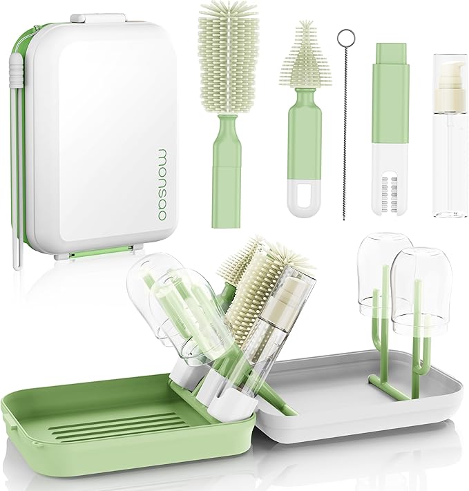 Baby Bottle Brush Set with Drying Rack, Portable Silicone Bottle Cleaner Kit for Bottles, Nipples and Straws, Travel Storage Box for Home and On-The-Go Use（Green）