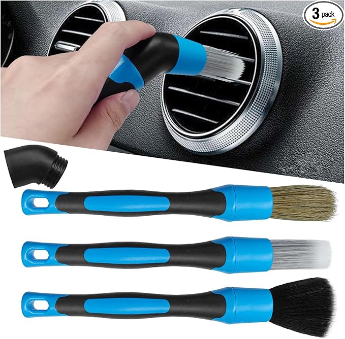 3PCS Car Detailing Brush Set, Soft Boars Hair No-Scratch Automotive Cleaning Brushes, Car Interior & Exterior Dusting Brush Auto Detailing Supplies for Air Vent, Leather Seat, Wheel (Blue)