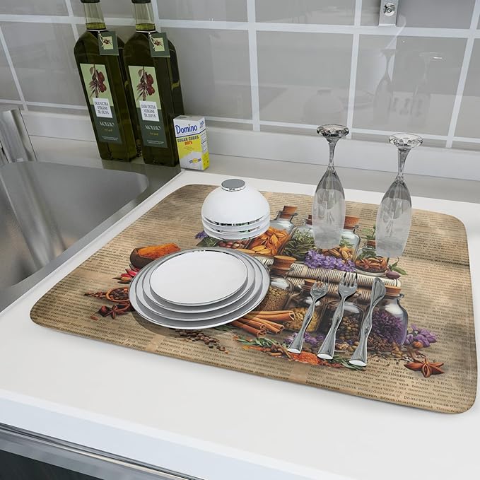 Herbs Kitchen Dish Drying Mat - Spice Bottle Absorbent Microfiber Dish Rack Mat Drying Pad 18 X 24 In
