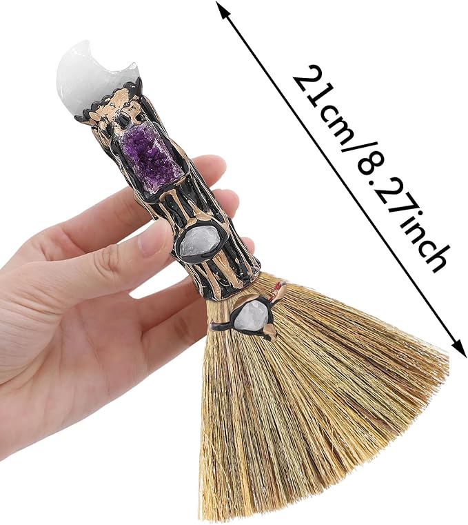 White Crystal Witch Broom - Witchcraft Supplies Mini Witches Broomstick with Amethyst Clusters Altar Supplies with Natural Healing Crystals Wiccan Supplies Prayers Meditation Therapy Decor