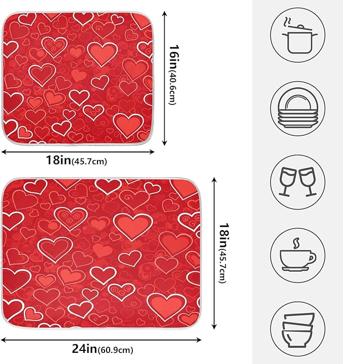 Red Hearts Cute Dish Drying Mat for Kitchen Counter Absorbent Microfiber Large Drying Pad Dish mats for Kitchen Countertops 18 x 24 Inch