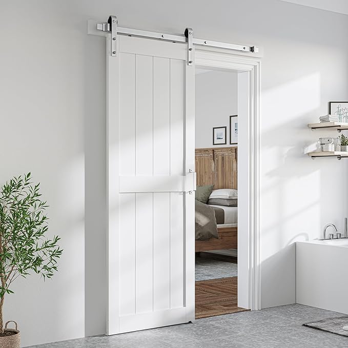 SmartStandard 30 x 84 inch White Sliding MDF Barn Door with 5FT Brushed Nickel Sliding Door Hardware Kit & Handle, Pre-Drilled Ready to Assemble, Waterproof PVC Coating, H-Frame