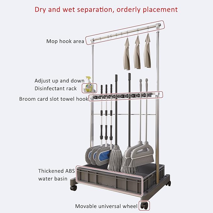Movable Commercial Mop Rack,Floor Standing Cleaning Tool Cart Storage,Mop and Broom Garden Tool Holder,Housekeeping Cart, Umbrella Stand,Double Deck Stainless Steel Bracket,can Put Wet Mop (Color :