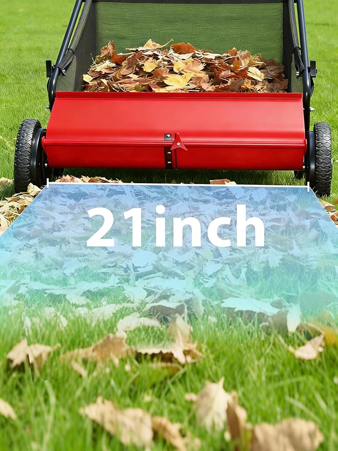 Push Lawn Sweeper, 21 Inch Extra-Wide 4-Brush System, 3.5 cu.ft. Mesh Bag, Heavy Duty Steel Frame, Height-Adjustable Yard & Garden Cleaner for Leaves and Grass, Red