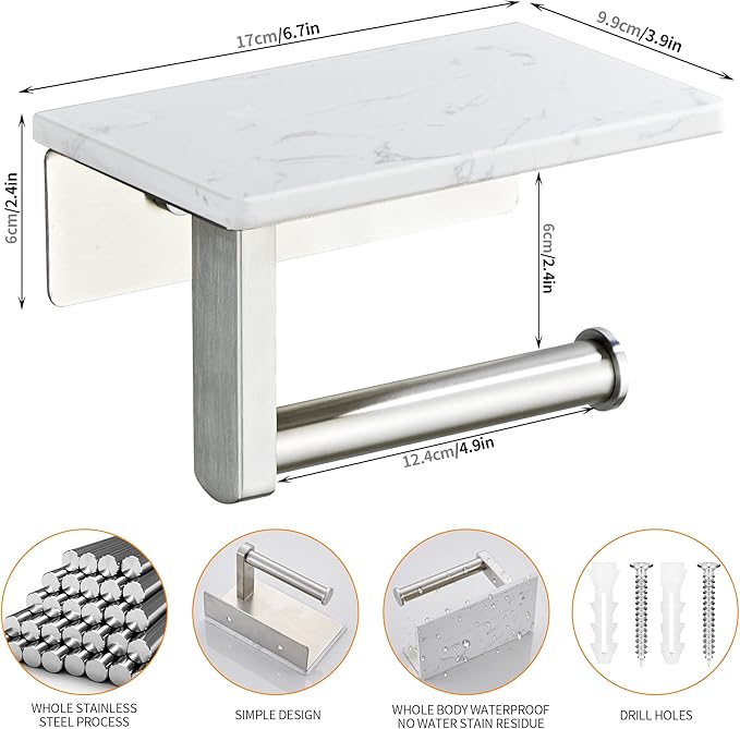 Brushed Nickel Toilet Paper Holder with Shelf, 304 Stainless Steel Screw Wall Mounted, Marble Tissue Roll Holder with Storage