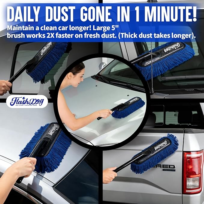 Flash Dog Wood Handle Car Duster Exterior + Mini Interior Brush Waterless Exterior Scratch-Free Cleaning for Cars/SUV/Truck/RV & Dash Detailing | Waxed Cotton & Microfiber
