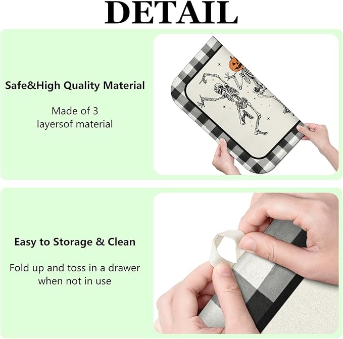 Halloween Dish Drying Mat for Kitchen Counter,Funny Skeleton Pattern Microfiber Drying Mat,Black and White Buffalo Plaid Background Washable Absorbent Countertop Holiday Dish Mat Drain Mat,16x18In