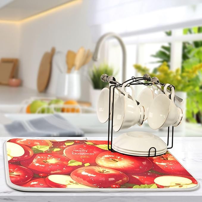 Red Apples Dish Drying Mat for Kitchen Counter Absorbent Microfiber Drying Pad, Medium 16x18 in