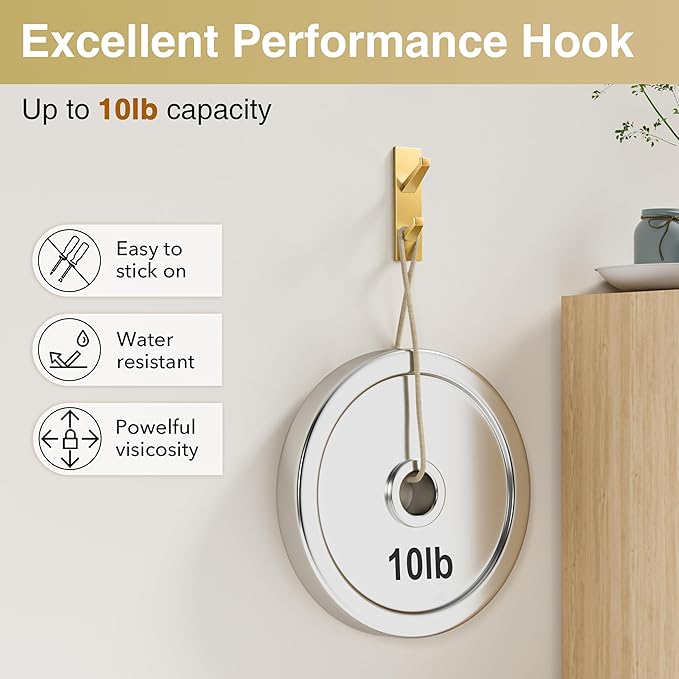 Gold Wall Hooks for Coat Towel: 13LB Adhesive Door Hanger Stick on, 4 Pack