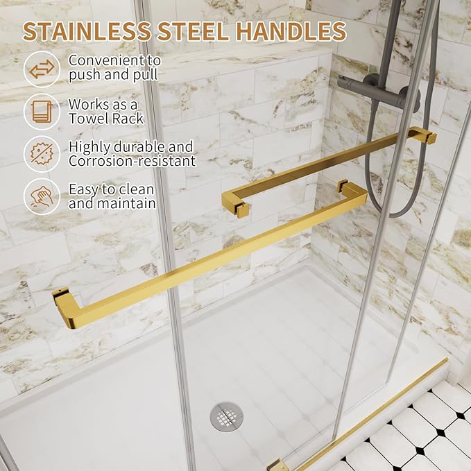 Frameless Shower Door,56-60" W x 74" H Double Sliding Glass Shower Door with 5/16" (8mm) SGCC Thick Tempered Clear Glass Shower Door,Soft Close System&Explosion-Proof Film Nano Coating,Brushed Gold