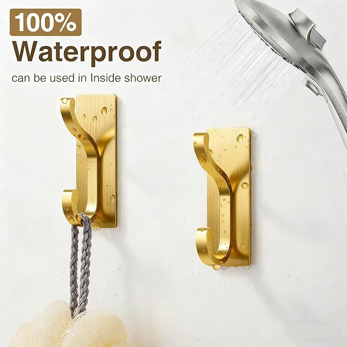 pickpiff Wall Hooks with Adhesive Strip - Easy to Remove, No Residue, Strong Heavy Duty Sticky Towel Hook, 8 Pack Brushed Gold