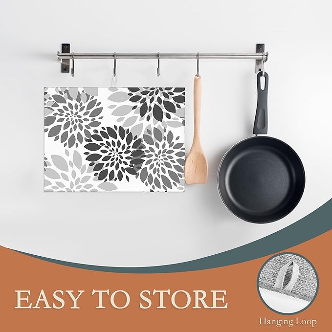 Black White Dahlia Dish Drying Mat for Kitchen Counter Decor,Geometric Dish Drying Rack Pad Absorbent Reversible Microfiber for Coffee Tableware Sink Countertop 18x24 Inch