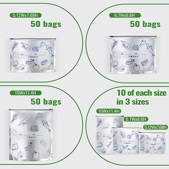 Reusable Aluminum Foil Food Storage Bags with Writable Label, Stand-up Leakproof Ziplock Freezer Bags for Refrigerator, BPA-Free Durable Food Pouch(50-Pack, 5.12Wx7.68H)