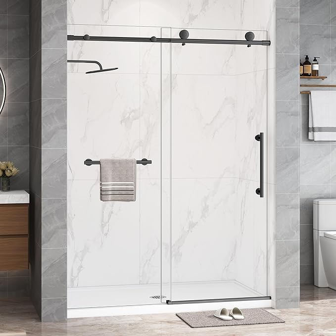 Frameless Shower Door,5/16" (8mm) Glass Sliding Shower Door with Soft-Close & Anti-Leak,Nano Coating Anti-Explosion Film SGCC Tempered Glass 55"- 60" W x 76" H,Matte Black