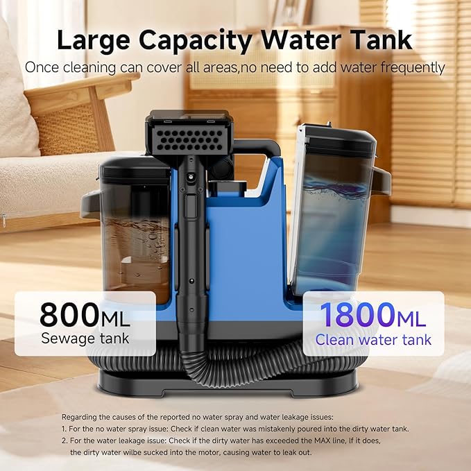 Portable Carpet & Upholstery Cleaner Machine, Handheld Spot Cleaner with Dual Brush, 18KPa Suction, Large Removable Tank for Couch, Car, Stairs, Rugs & Pet Stains, Blue