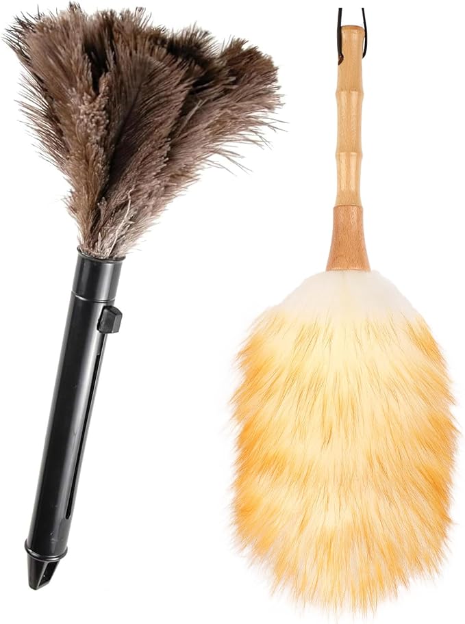 2-Pack Feather Duster Bundle: Ostrich Feather Duster (extendable from 10 to 15 inches) & Lambswool Duster (14.9 inches, Wooden Handle) - Anti-Static, Reusable, Eco-Friendly for Home, Car,