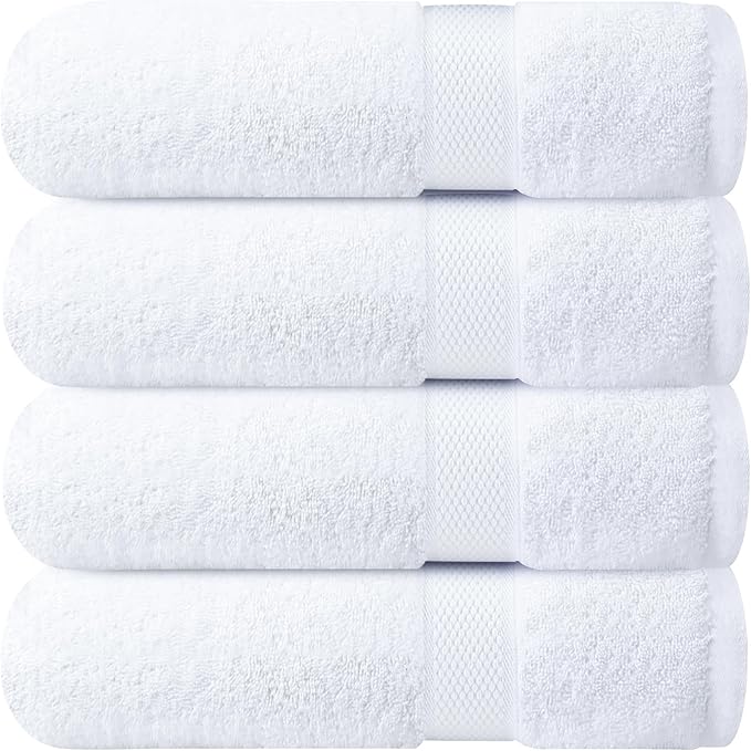 Infinitee Xclusives Luxury 100% Ring-Spun Cotton White Bath Towels Set of 4 (27x54 inches) – Soft, Absorbent & Quick-Drying Towels for Bathroom, Gym, Spa & Hotel Use (Brilliant White, Bath Towels)