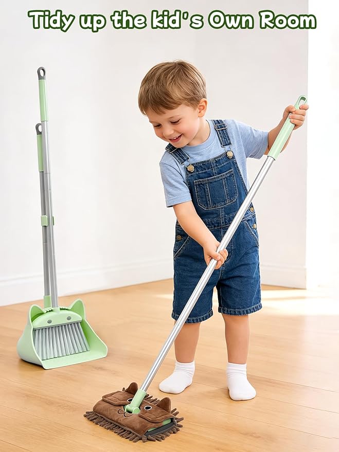 Kids Cleaning Toy 3-Piece Set - Broom, Dustpan & Mop | 28-Inch Mini Broom, Toddler Household Helper, Perfect Tool for Cleaning Tiny Corners, Adorable Cartoon Style (Green)