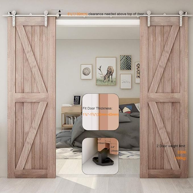 TSMST 6FT Sliding Barn Door Hardware Kit, Stainless Steel Heavy Duty Sturdy Barn Door Track for Double Wood Door, Slide Smoothly Quietly (I Style)