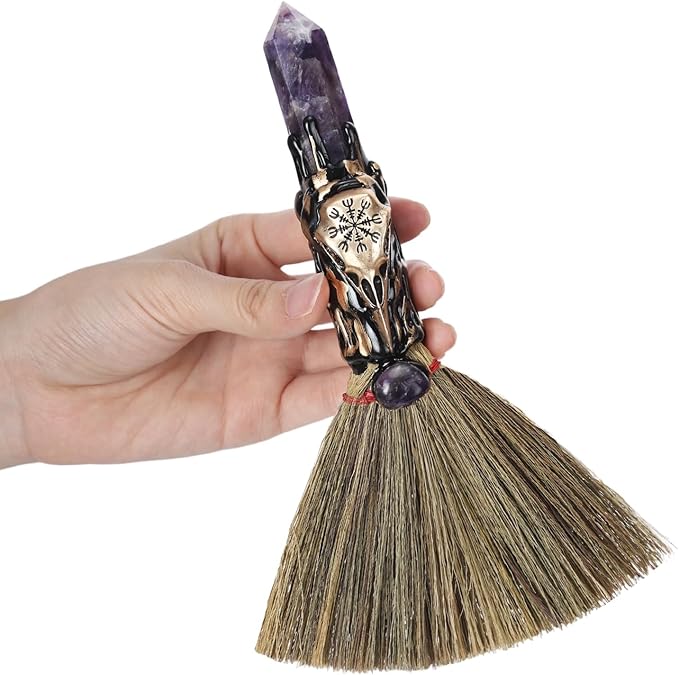 Witchcraft Supplies Witches Broom - Wiccan Decor Raven Altar Supplies with Purple Lepidolite Natural Healing Crystals Hexagonal Points Pagan Decor Reiki Energy Clearing Crafts