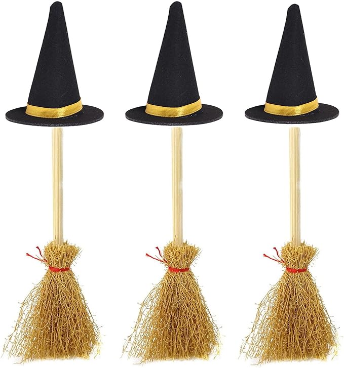 Mini Witch Hats and Mini Broom for Halloween Decorations Wizard Accessory for Party DIY Crafts Accessories (Black)