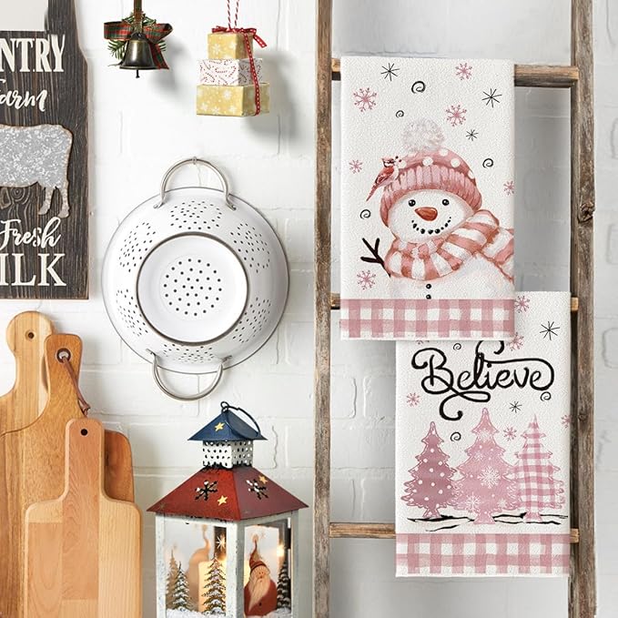 Artoid Mode Pink Xmas Tree Snowman Christmas Kitchen Towels Dish Towels, 18x26 Inch Farmhouse Holiday Winter Decoration Cleaning Set of 2