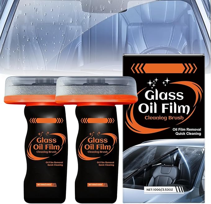 2PC Car Glass Cleaner Oil Film Remover, 100ml Glass Compound with Cleaning Brush, Windshield Cleaner Tool for Automotive Windshield/Window/Mirror Cleaning