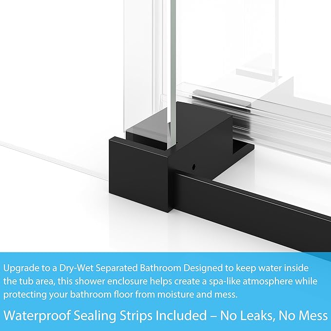Bathtub Shower Door, 60" W x 59" H Sliding Glass Door with 6mm (1/4") SGCC Tempered Glass & Coating, Matte Black 304 Stainless Steel Top Rail, One Fixed One Sliding Panel