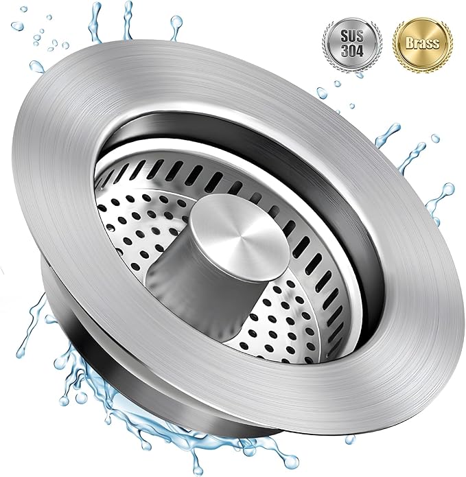 Kitchen Sink Drain Strainer, 3 in 1 All Stainless Steel Sink Strainer, Pop Up Sink Stopper with Copper Bounce Core, Anti-Clog Food Catcher Basket for US Standard 3-1/2 inch Drain (1 Pack)