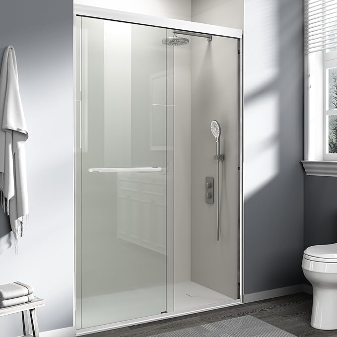 Abruzzo 44" - 48" Adjustable Width Double Sliding Shower Door - Semi-Frameless 72" Tall Bath Enclosure with 1/4" Tempered Glass, White Aluminum Frame for Walk-in Showers