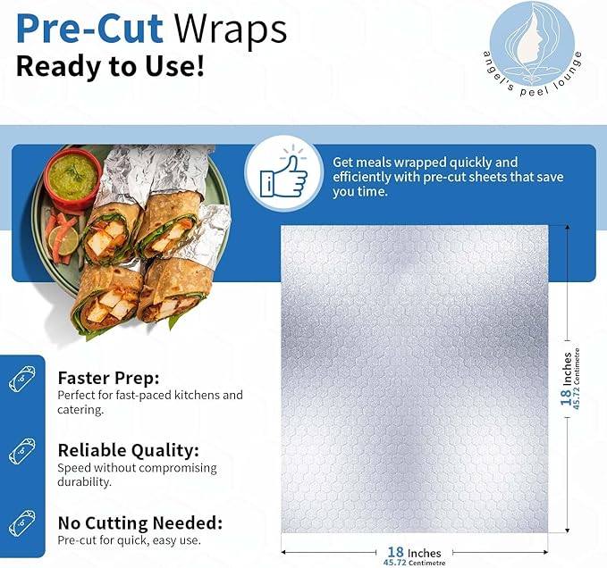 ANGEL’S PEEL LOUNGE Heavy Duty Aluminum Foil Sheets — Large Precut Non Stick Tinfoil Wraps For Sandwiches, Burritos, Burgers, Hot Dogs, Grease Barrier Heat Insulated Foil Sheets, 18inx18in 100-PCS