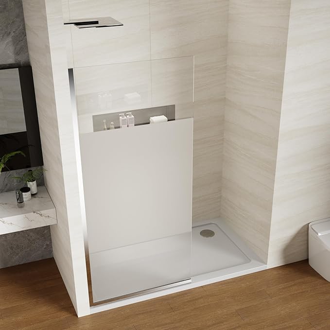 Shower Screen 36" x 76" Half Frameless Shower Wall Panel, Tempered Glass 3/8 inch, Easy to clean Coating, Fixed Glass Shower Door with Hardware (Middle Frosted Glass-Chrome)