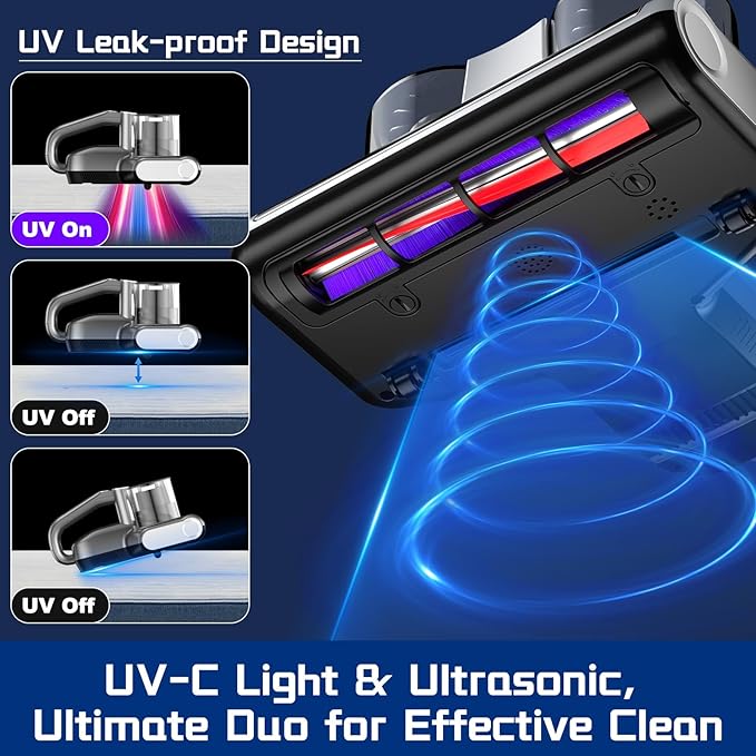 Bed Vacuum Cleaner 5 in 1 with Mattress Vacuum 16Kpa Suction 253.7nm UV-C Light, HEPA Filtration, Ultrasonic, Heating, 30000Rpm/Min Brushroll Rotation, Replacement Filter Included, 500W, Corded