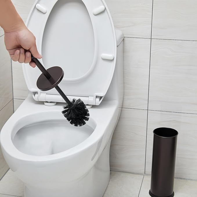 HUJI Rust Resistant Bronze Toilet Brush Holder with Lid Perfect Bathroom Bowl Cleaning Set Gift for House Warming or College Dorms Accessories (1, Bronze Toilet Brush)