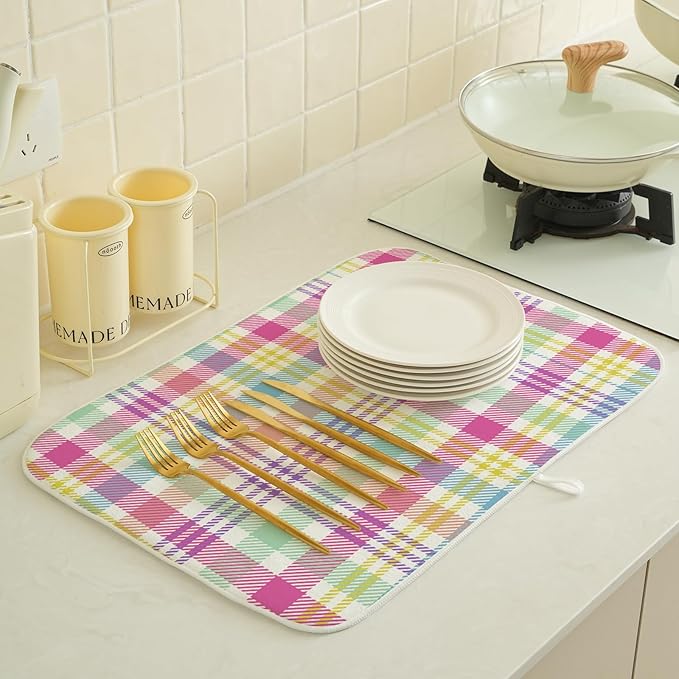 Easter Checkered Dish Drying Mats 18x24 Inch Colorful Buffalo Plaid Drying Mats Gingham Spring Holiday Seasonal Dish Drying Pad Dish Rack Drainer Mats for Kitchen Dining Room Counter Decor