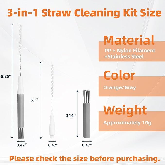 PROOCI Straw Cleaner Brush for Stanley, 2-Pack Multi 3 in 1 Extra Long Straw Cleaning Brush Set for Reusable Straws, Tumblers, Lids, Sippy Cups, Water Bottle, Nipples & Fine Gaps - Orange & Gray