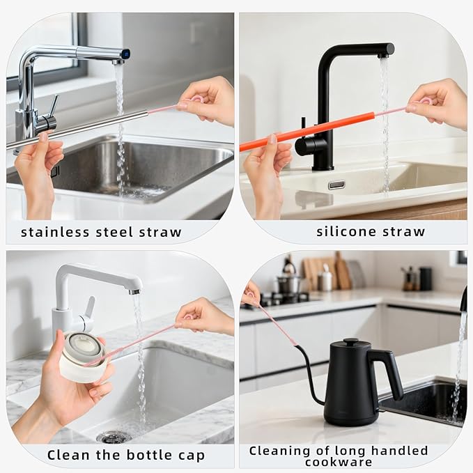 Silicone Straw Cleaner Brush, 4-Piece Reusable Straw Brush Set with Extra-Long Design for Cleaning Thin Metal Straws and Wider Milkshake Straws （6mm+9mm Pink)