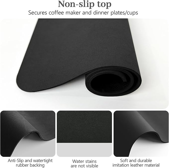Bloss Coffee Mat 24"x16", Dish Drying Mat for Multiple Usage, Mat for Coffee Bar, Kitchen Counter Mat, Absorbent Hide Stain Rubber Backed Dish Drying Pad - Black