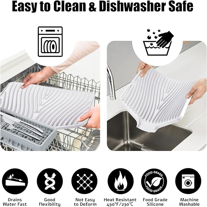 Silicone Dish Drying Mat, Large Dish Kitchen Drying Mat, White Heat Resistant Dish Drying Pad for Kitchen Counter with Built-in Drain (20" x 15")