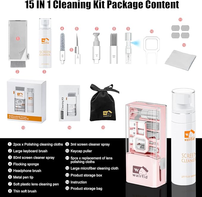 walrfid Laptop Keyboard Cleaner Kit with 80ml Screen Cleaner Spray, All-in-1 Phone Computer Screen Cleaning Tool for iPhone iPad MacBook, Multi-Function Electronics Cleaning Kit for PC, TV, Camera